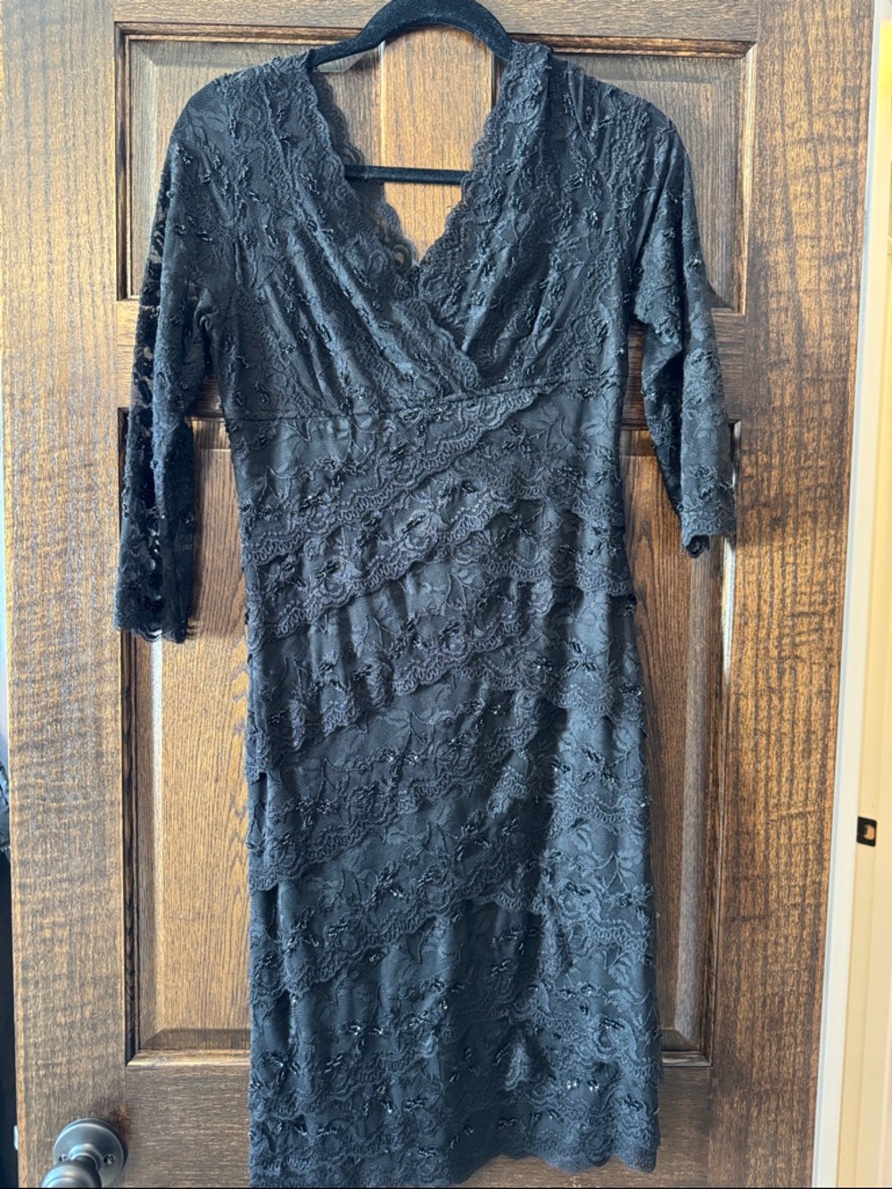 MARINA Black Lace Surplice Midi Dress